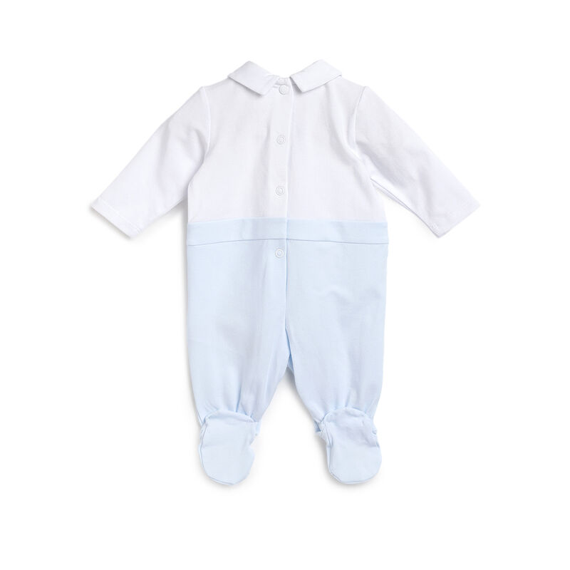 Boys White and Light Blue Printed Leg Opening Babysuit image number 1
